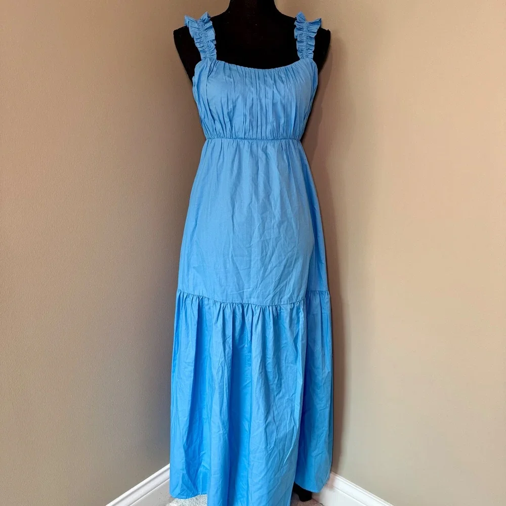 Abercrombie & Fitch Blue Ruffle Strap Tie Back Pleated Tiered Maxi Dress Small